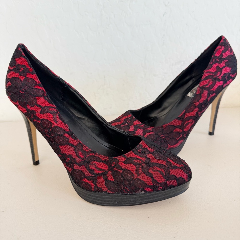 NEW Pleaser Sexy Bliss Red Black Lace Mini Platform 4” Stiletto Heel Pump Sz 11